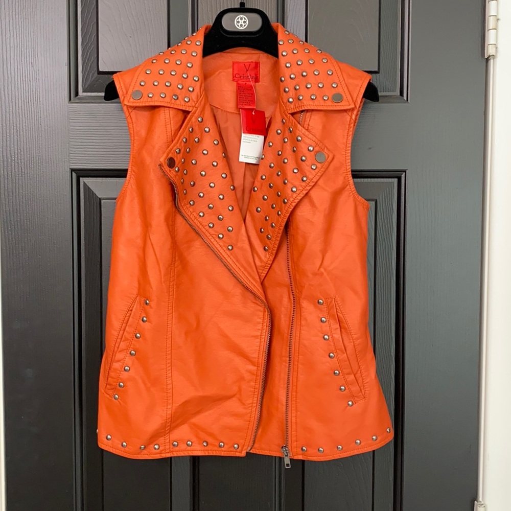 Orange faux leather moto vest